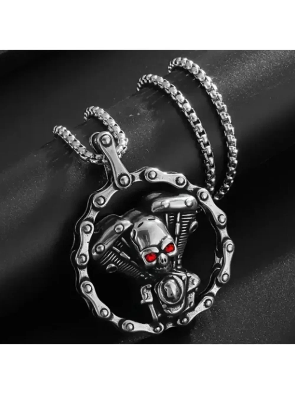 Silvertone Skull Engine Pendant Necklace